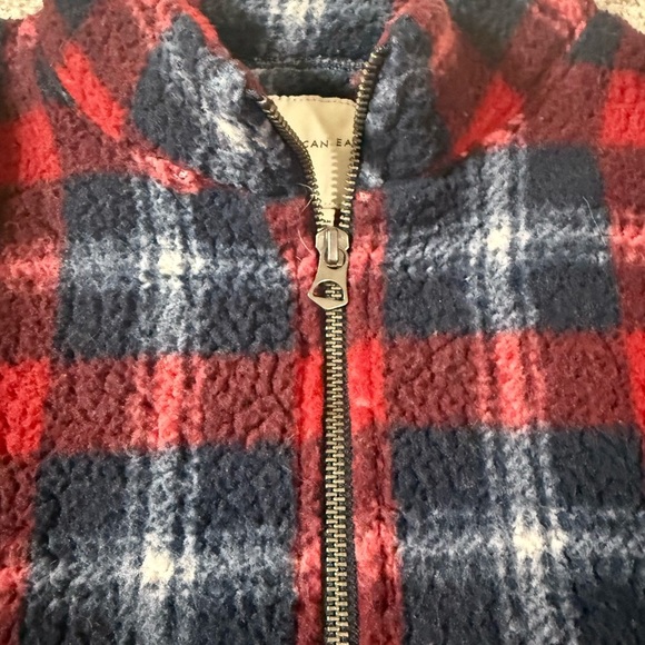 American Eagle Red & Navy Crop Plaid Quarter Zip-Up Fleece Pullover Thick Small - Picture 2 of 6